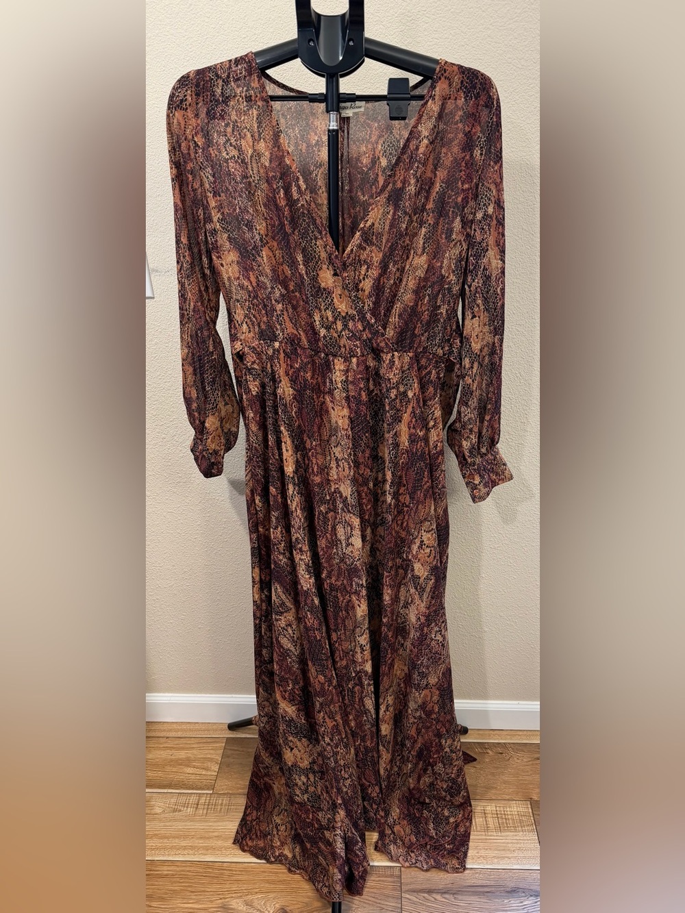 Indigo Rose Abstract Python Print Chiffon Maxi Dress | Boho Fall Festival | M
